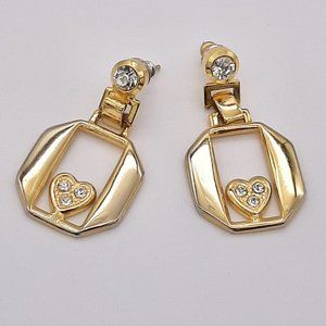 Gold Octagon and Heart Rhinestone Dangle Earrings
